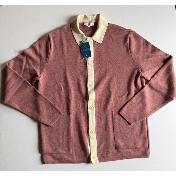 Richard James Savile Row Merino Wool Cardigan - Rose Pink & Cream - Size L